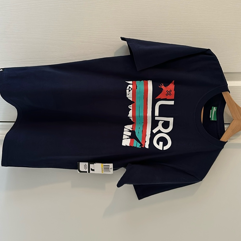 Brand new with tags LRG t-shirt. Size med, Dk blue with white lettering.